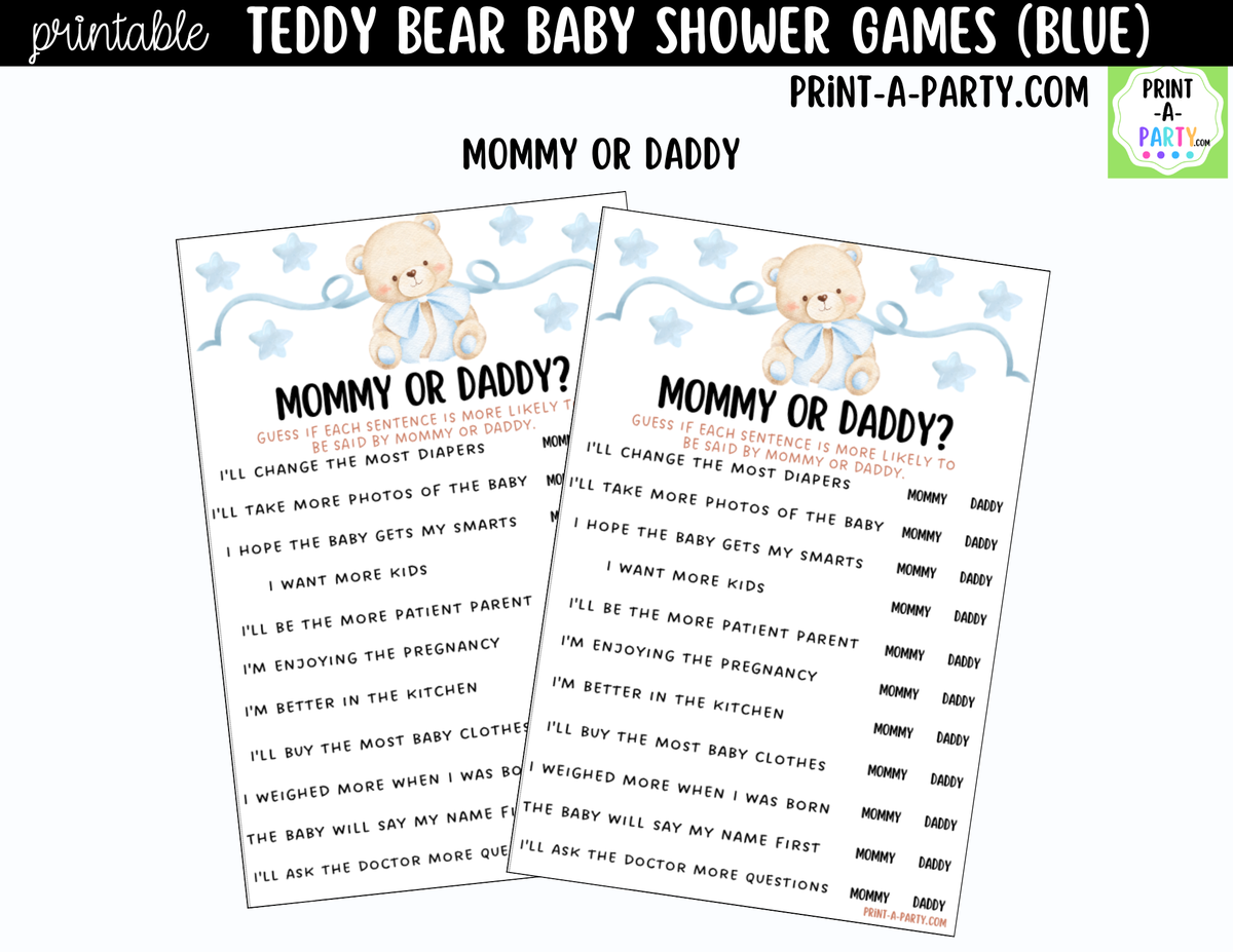 Teddy Bear Baby Shower Games Printable | Blue Teddy Bear Bundle