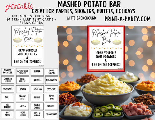 MASHED POTATO BAR Station White Printable Sign & Food Toppings Labels - Perfect for Birthdays, Buffets, Showers, Parties, or Holidays