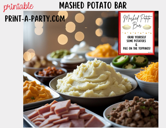 MASHED POTATO BAR Station White Printable Sign & Food Toppings Labels - Perfect for Birthdays, Buffets, Showers, Parties, or Holidays