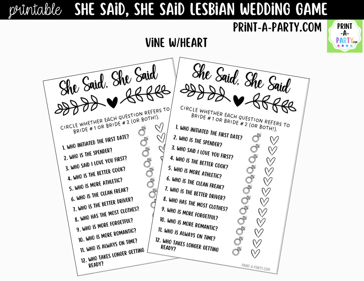 She Said, She Said Lesbian Bridal Shower Game Printable