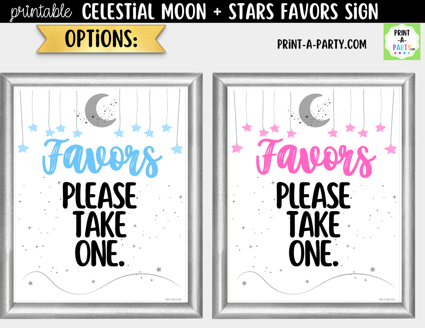 Celestial Moon + Stars Printable Blue Favors Sign (8x10) – For Parties, Showers and Events
