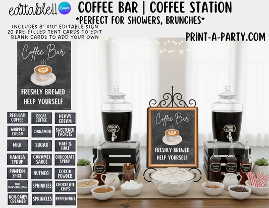 Editable Coffee Bar - Sign and Toppings Tent Cards Printable Station for Parties, Showers, Birthdays, Holidays or the Office