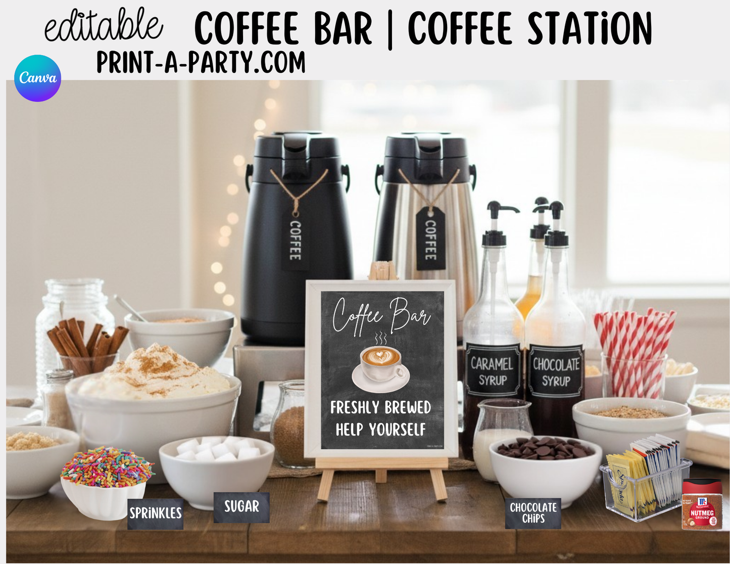 Editable Coffee Bar - Sign and Toppings Tent Cards Printable Station for Parties, Showers, Birthdays, Holidays or the Office