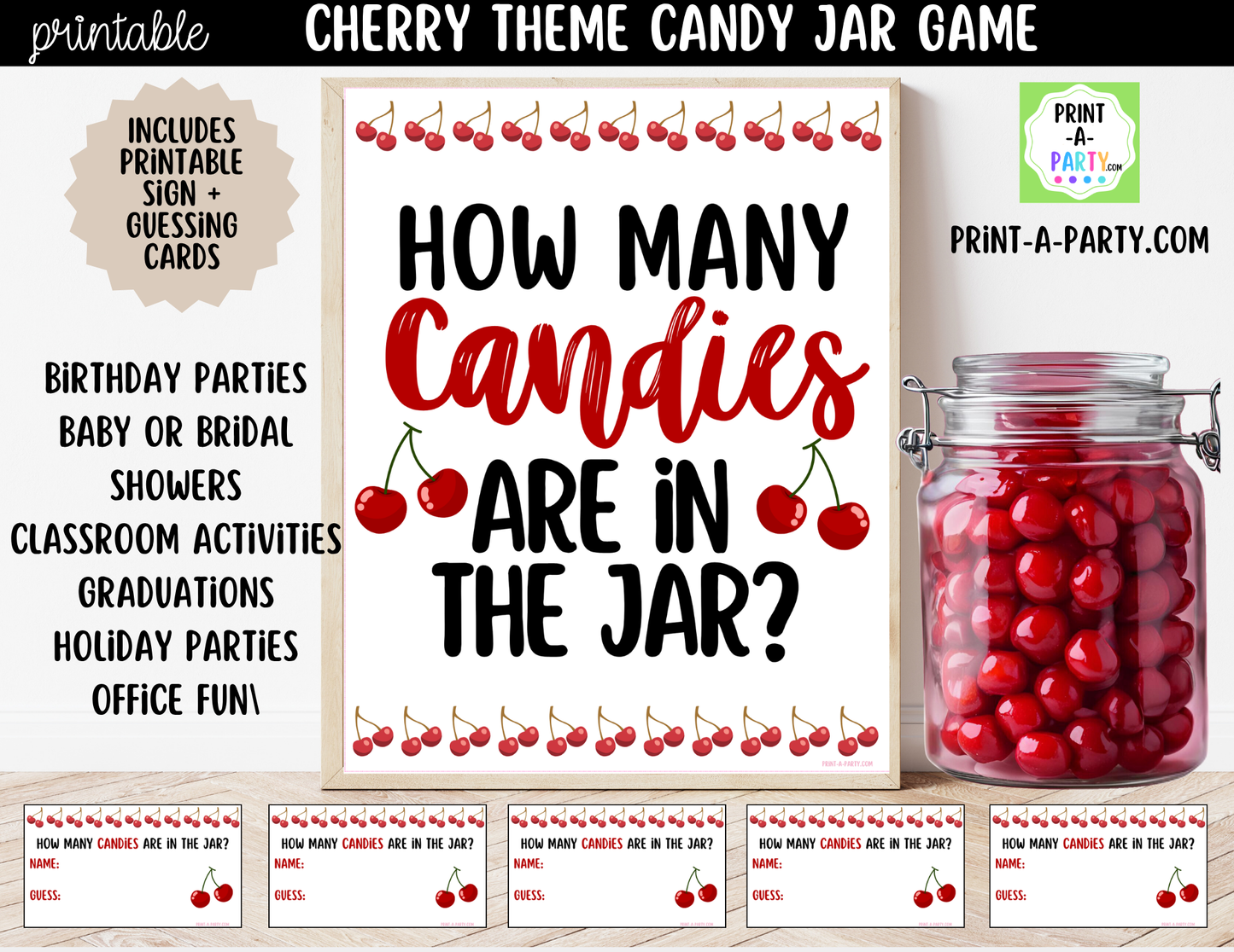 Cherry Theme Candy Jar Guessing Game Printable Sign (8x10) + Guessing Cards - Party Game Decor