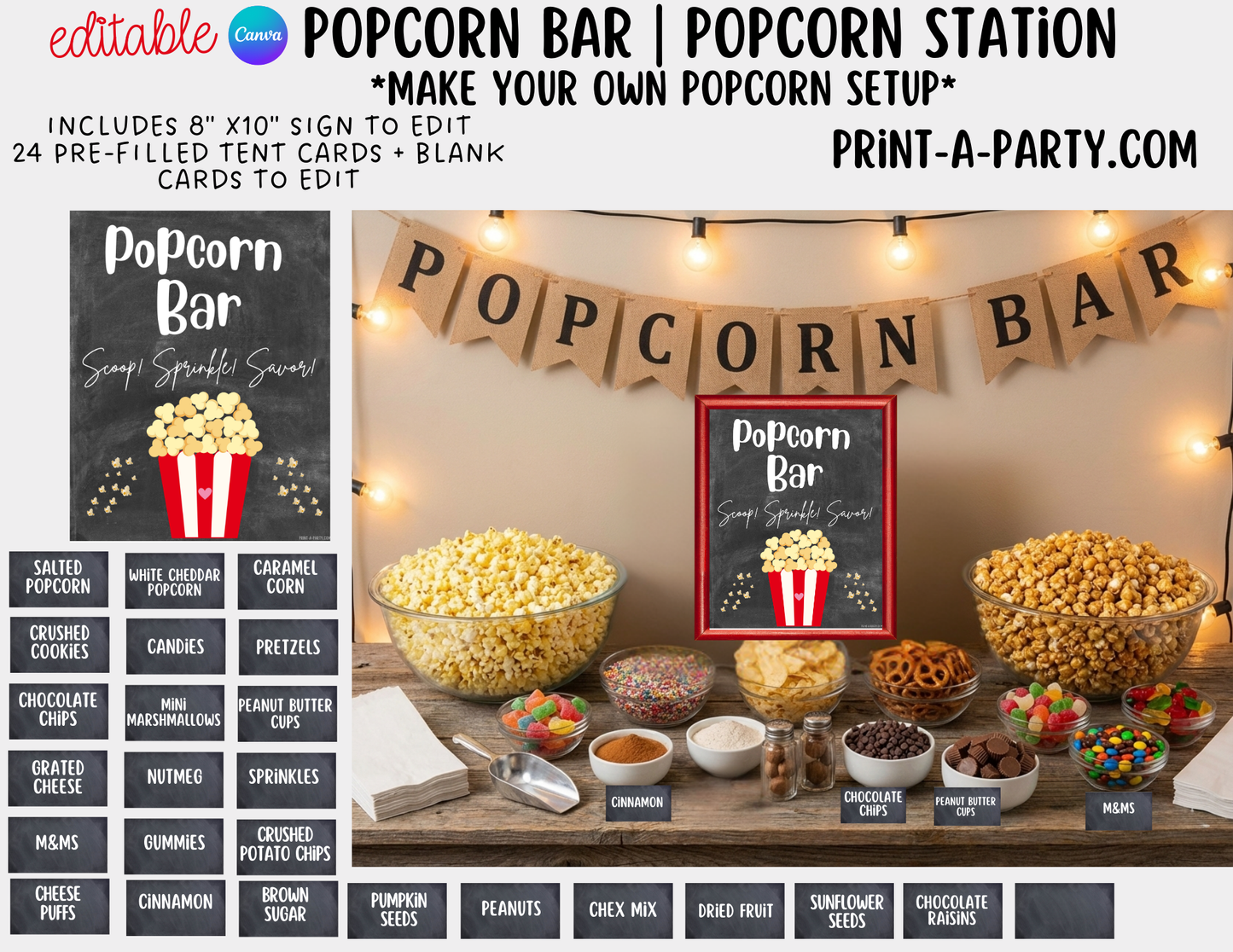 Editable Popcorn Bar - Sign and Topping Tent Cards Food Station - Perfect for Parties, Showers, Movie Party, Circus Party or Sleepover Slumber Parties