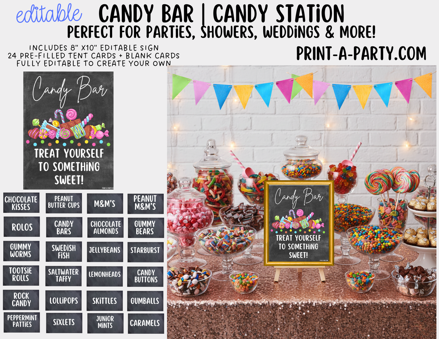 Editable Candy Bar Sign and Tent Cards Printable Sweet Table Decor for Parties, Weddings, Showers & More