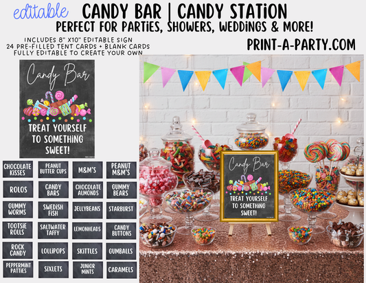 Editable Candy Bar Sign and Tent Cards Printable Sweet Table Decor for Parties, Weddings, Showers & More