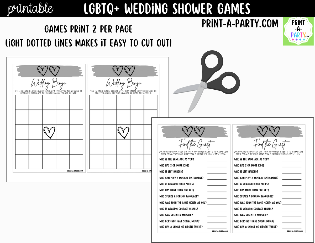 LGBTQ+ Wedding Shower Games Printable | Two Hearts