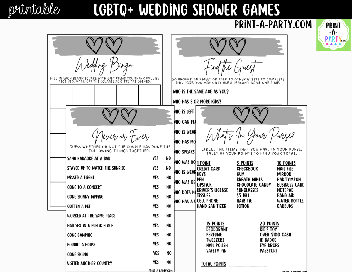 LGBTQ+ Wedding Shower Games Printable | Two Hearts