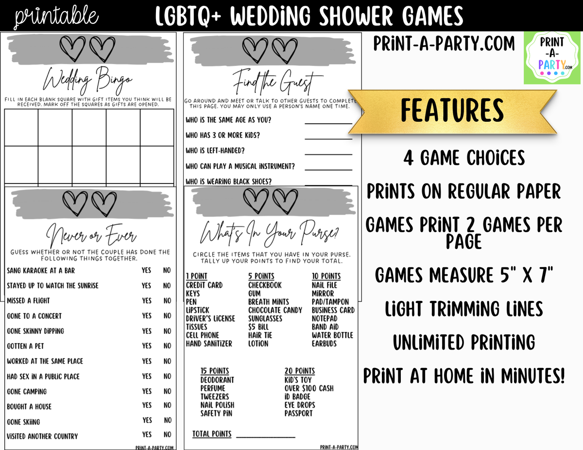 LGBTQ+ Wedding Shower Games Printable | Two Hearts