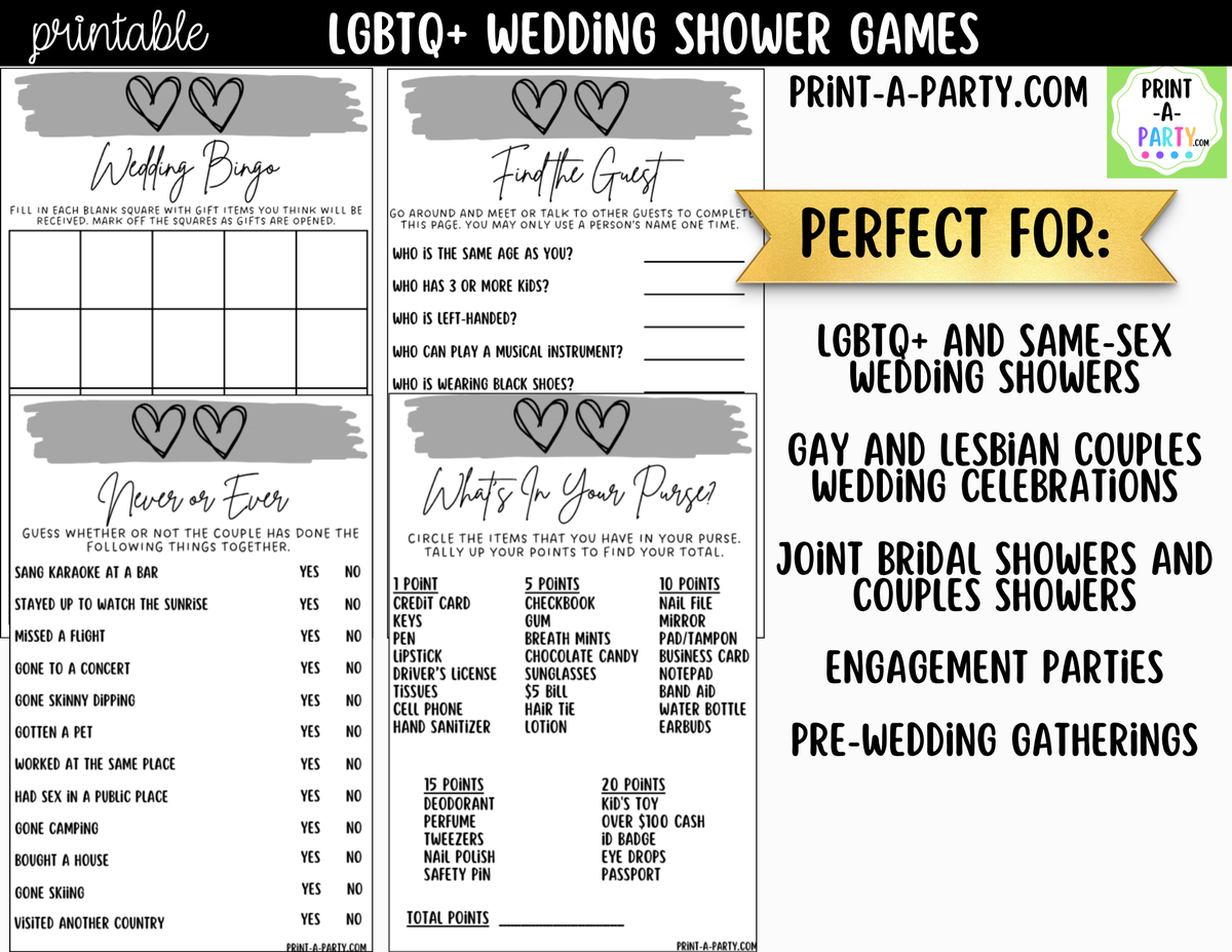 LGBTQ+ Wedding Shower Games Printable | Two Hearts