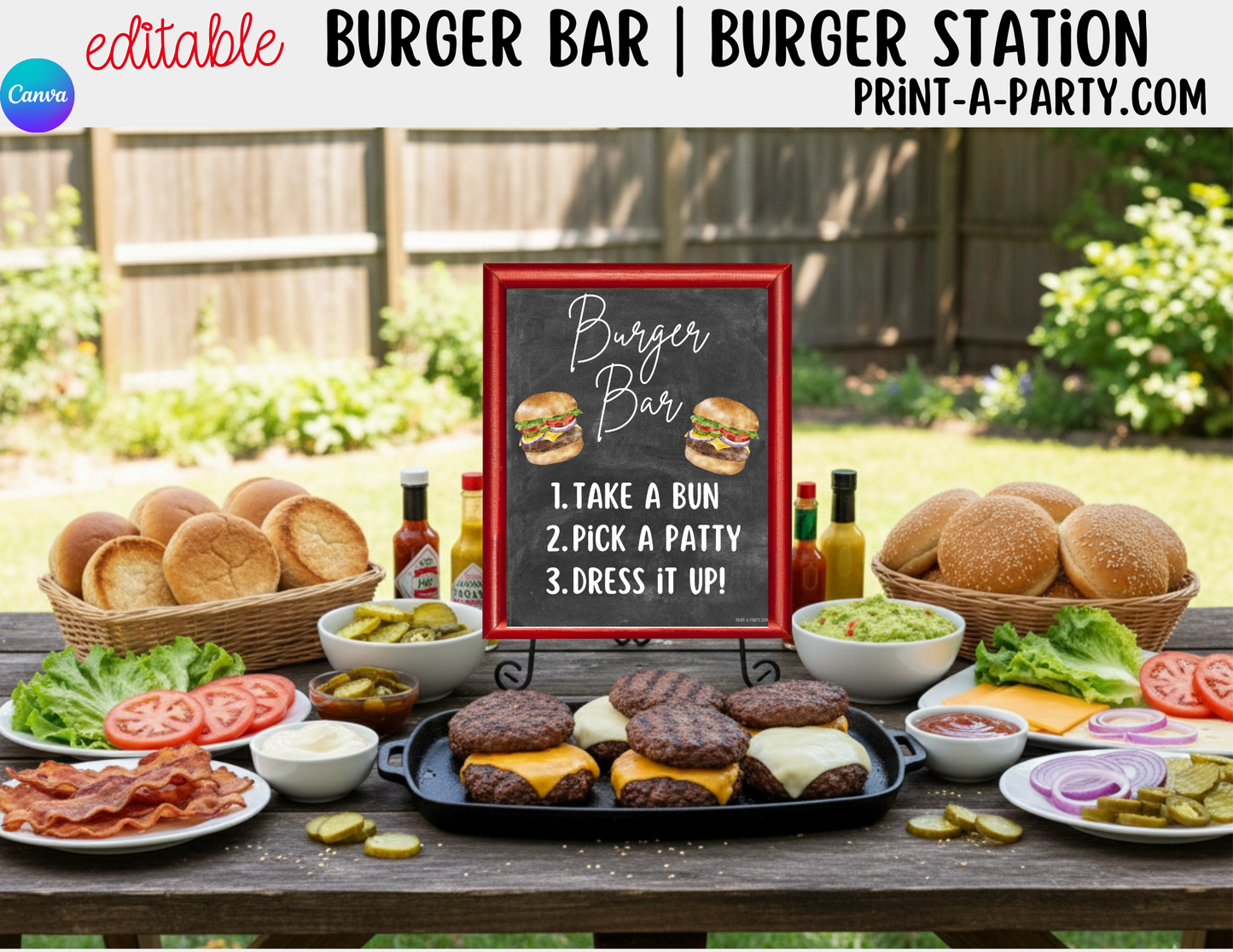 Editable Burger Bar Sign & Toppings Tent Cards – Printable Food Station for BBQs, Summer Parties, Birthdays & More