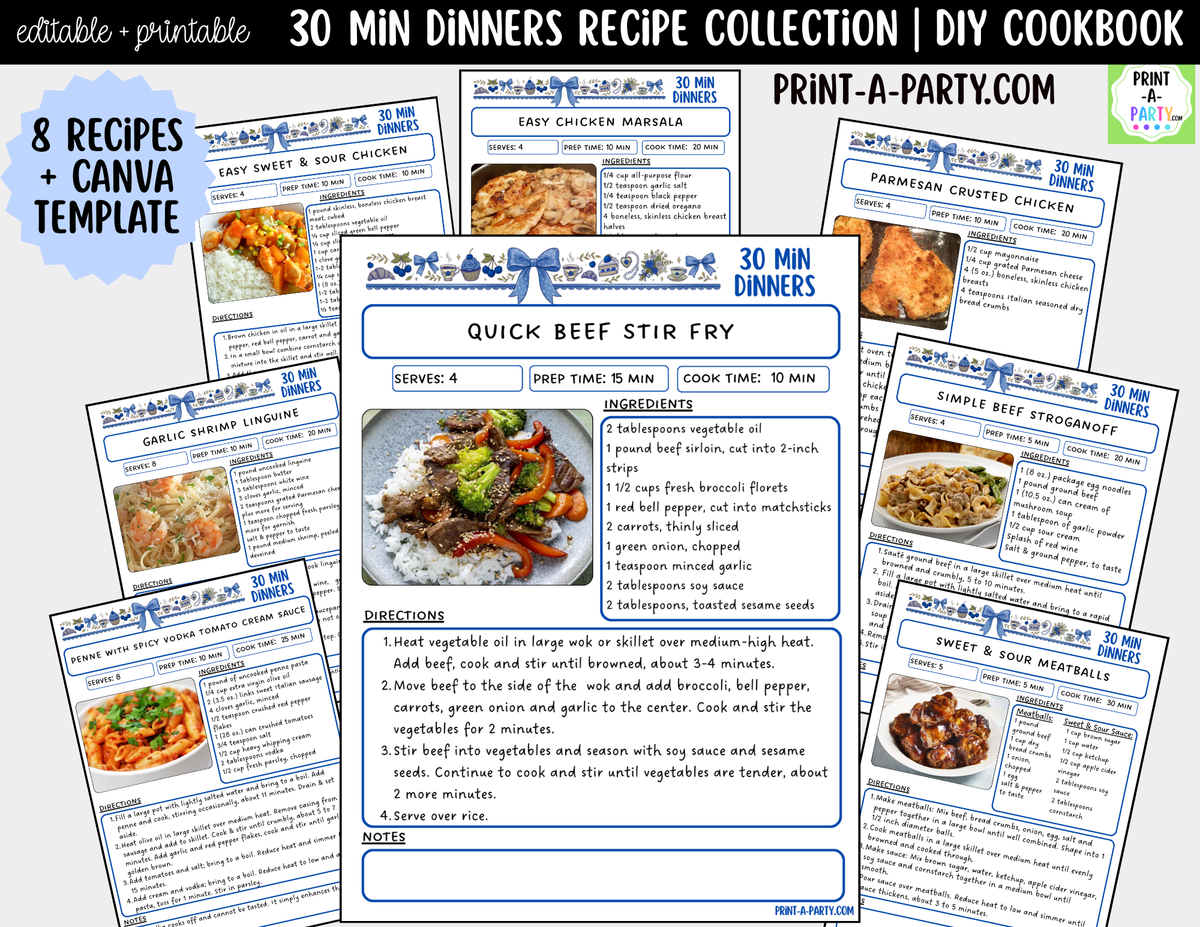 30-Minute Dinner Recipe Pages Printable & Editable Cookbook Set