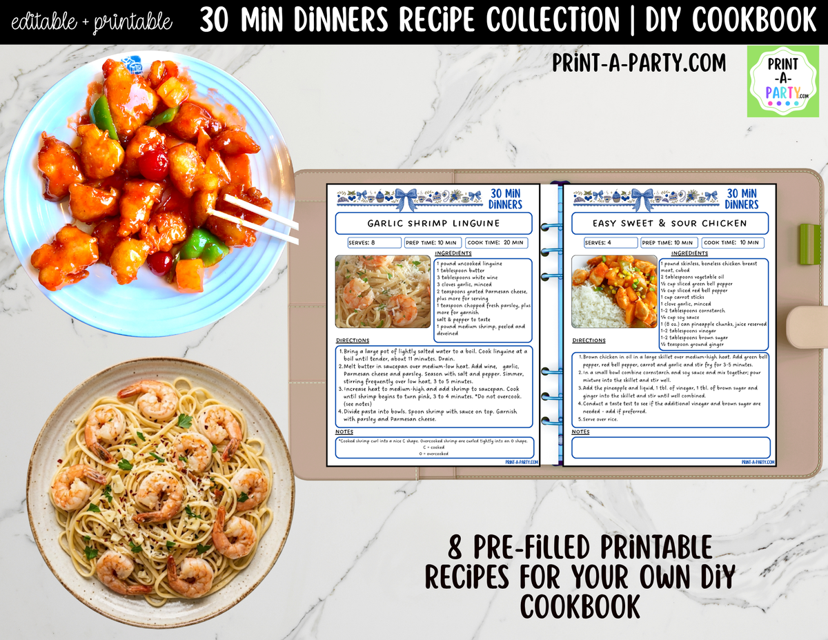 30-Minute Dinner Recipe Pages Printable & Editable Cookbook Set