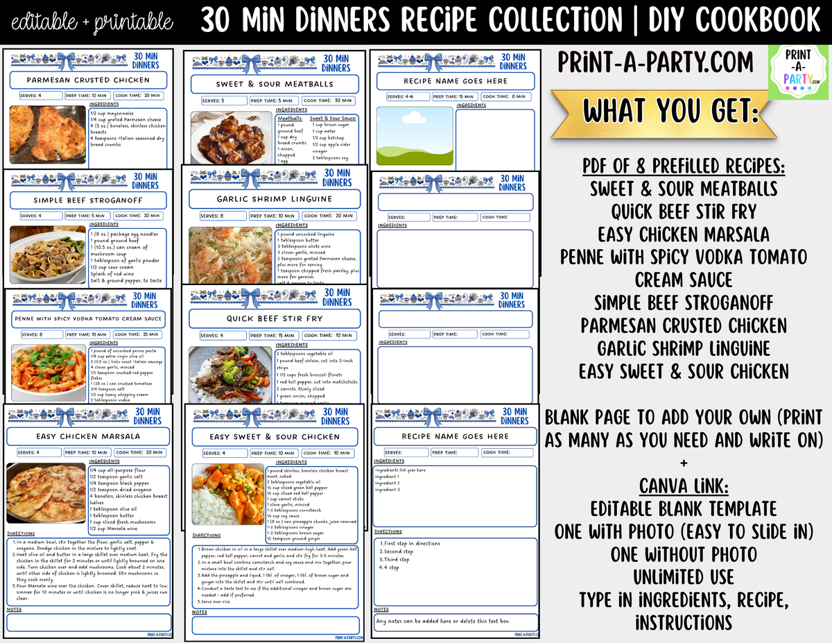 30-Minute Dinner Recipe Pages Printable & Editable Cookbook Set