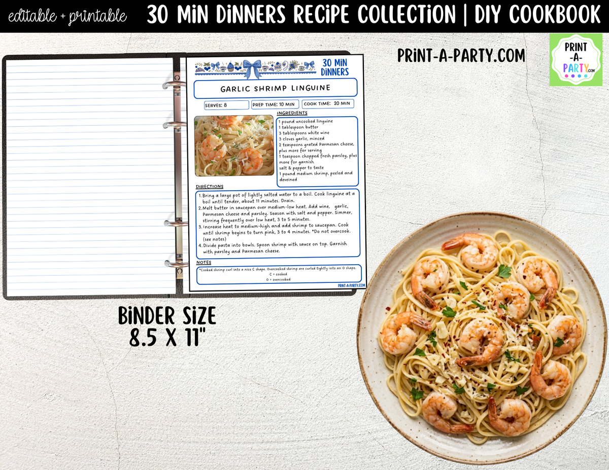 30-Minute Dinner Recipe Pages Printable & Editable Cookbook Set