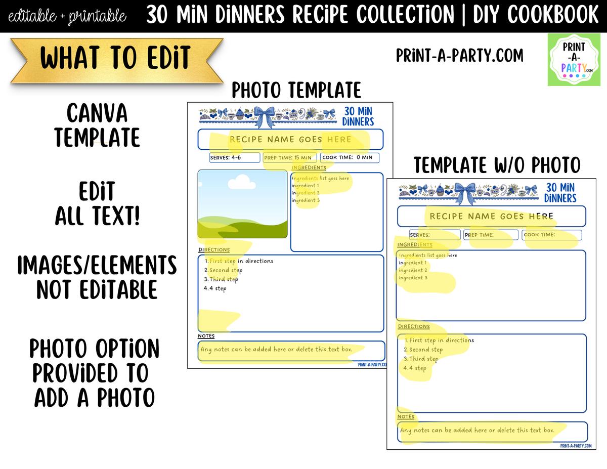 30-Minute Dinner Recipe Pages Printable & Editable Cookbook Set
