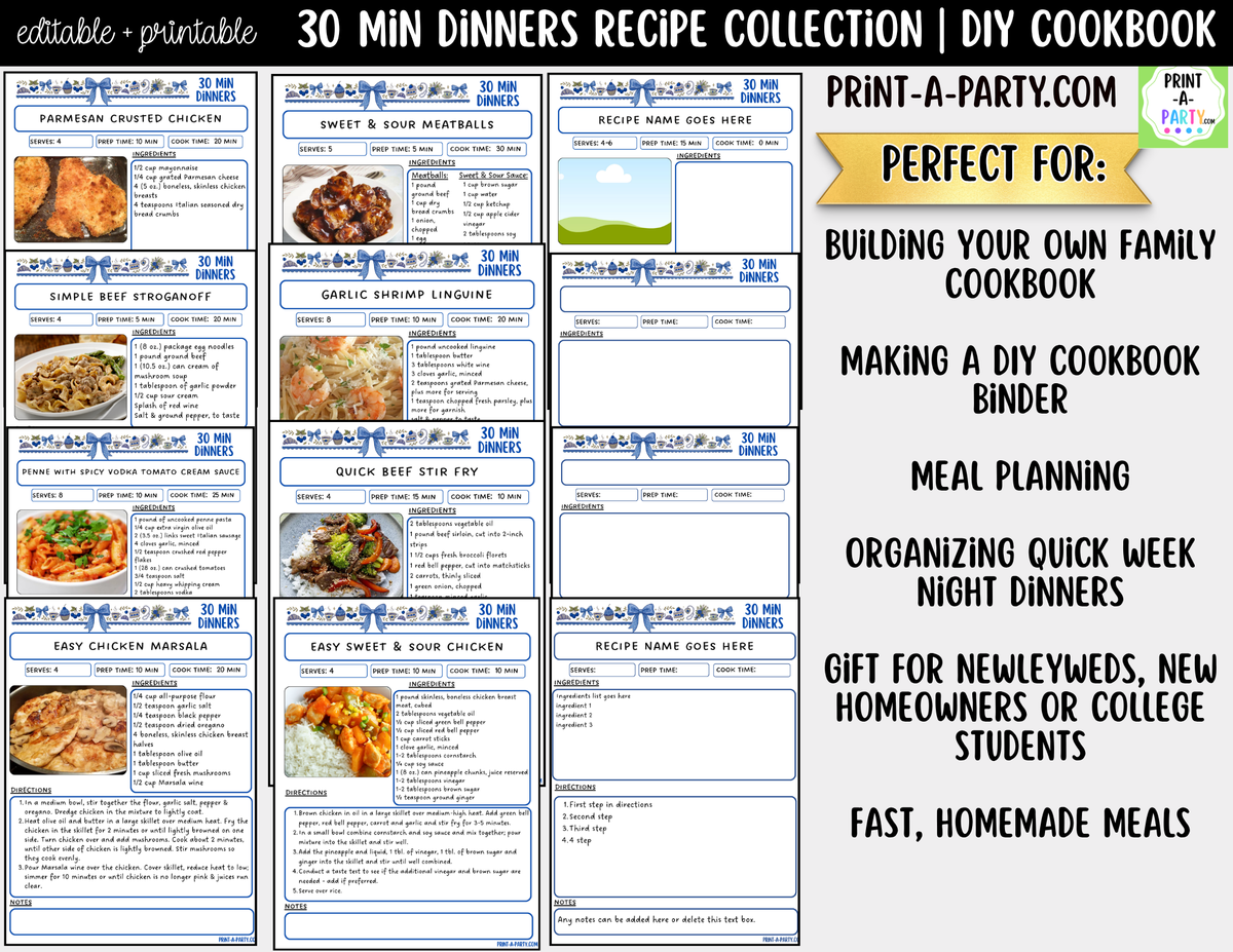 30-Minute Dinner Recipe Pages Printable & Editable Cookbook Set