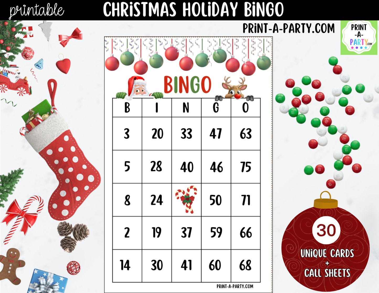 Christmas Bingo Game Printable | Holiday Party Game | Bingo Cards & Call Sheets