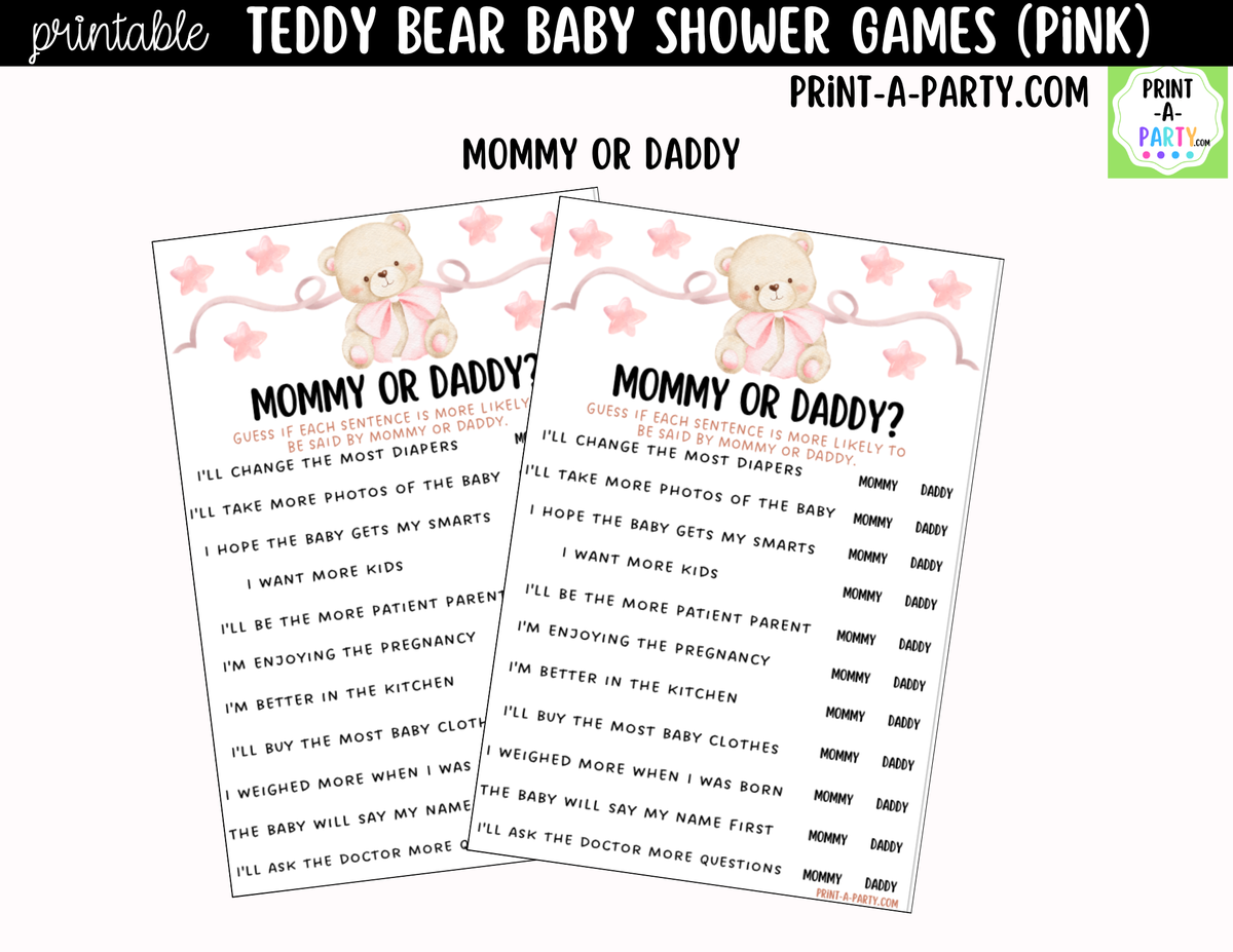 Teddy Bear Baby Shower Games Printable | Pink Teddy Bear Bundle