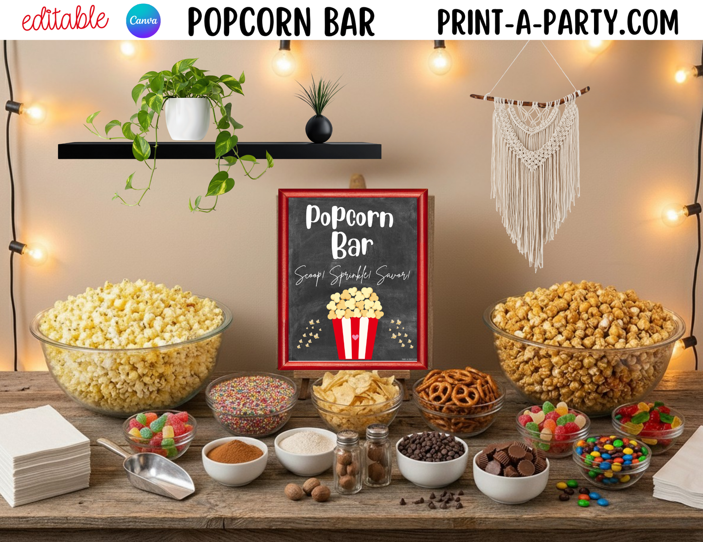 Editable Popcorn Bar - Sign and Topping Tent Cards Food Station - Perfect for Parties, Showers, Movie Party, Circus Party or Sleepover Slumber Parties