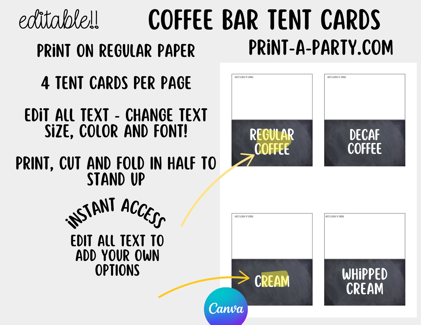 Editable Coffee Bar - Sign and Toppings Tent Cards Printable Station for Parties, Showers, Birthdays, Holidays or the Office