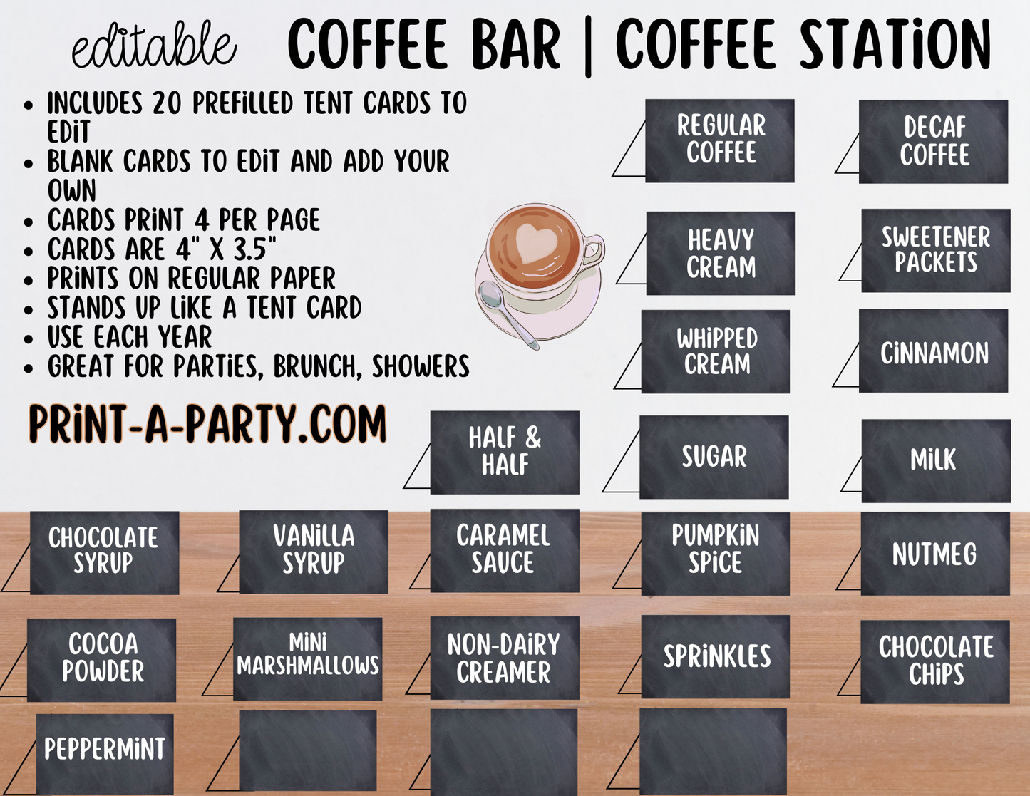 Editable Coffee Bar - Sign and Toppings Tent Cards Printable Station for Parties, Showers, Birthdays, Holidays or the Office