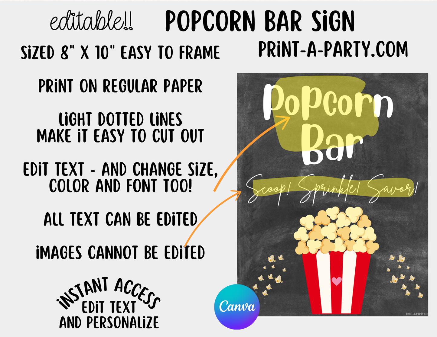Editable Popcorn Bar - Sign and Topping Tent Cards Food Station - Perfect for Parties, Showers, Movie Party, Circus Party or Sleepover Slumber Parties