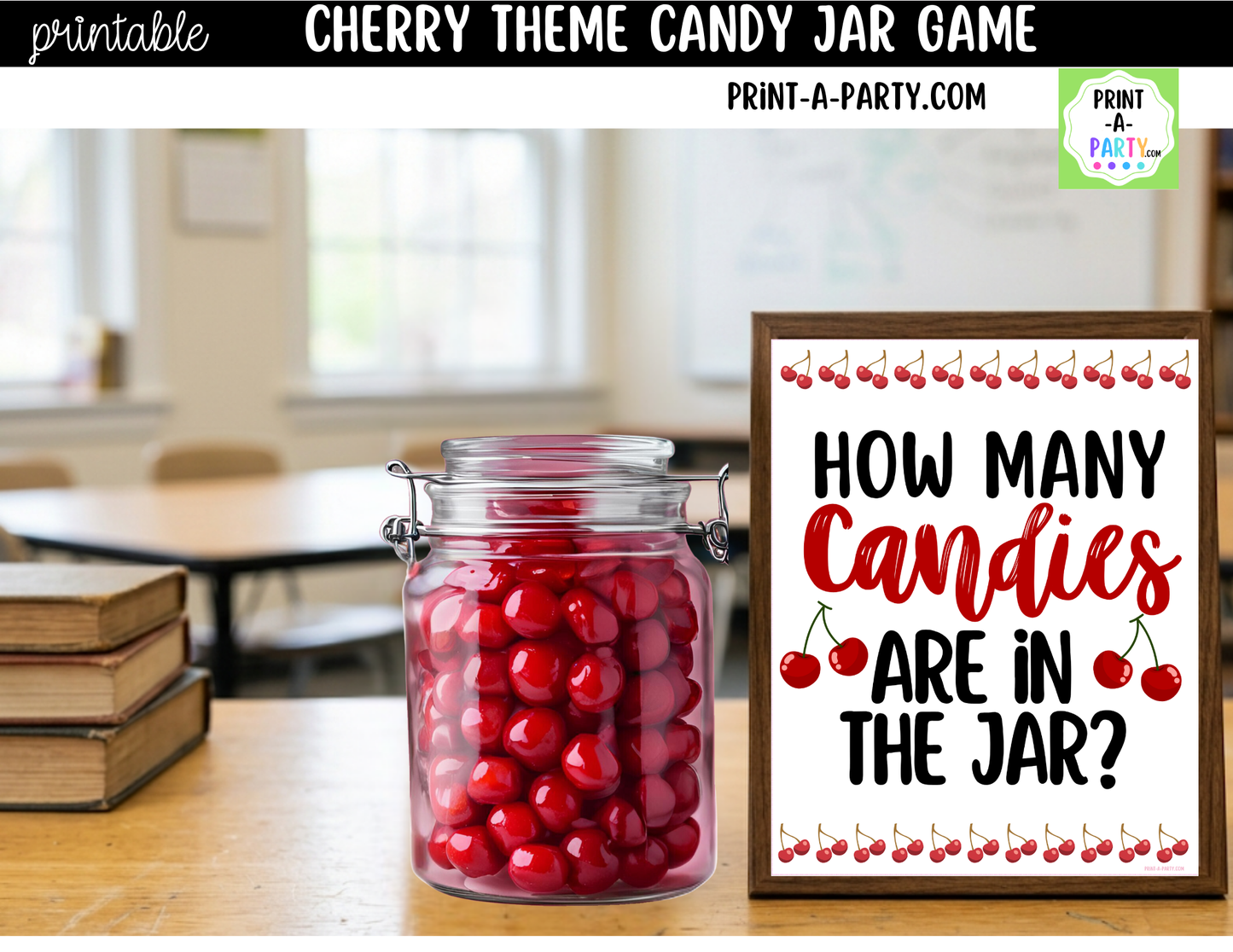 Cherry Theme Candy Jar Guessing Game Printable Sign (8x10) + Guessing Cards - Party Game Decor