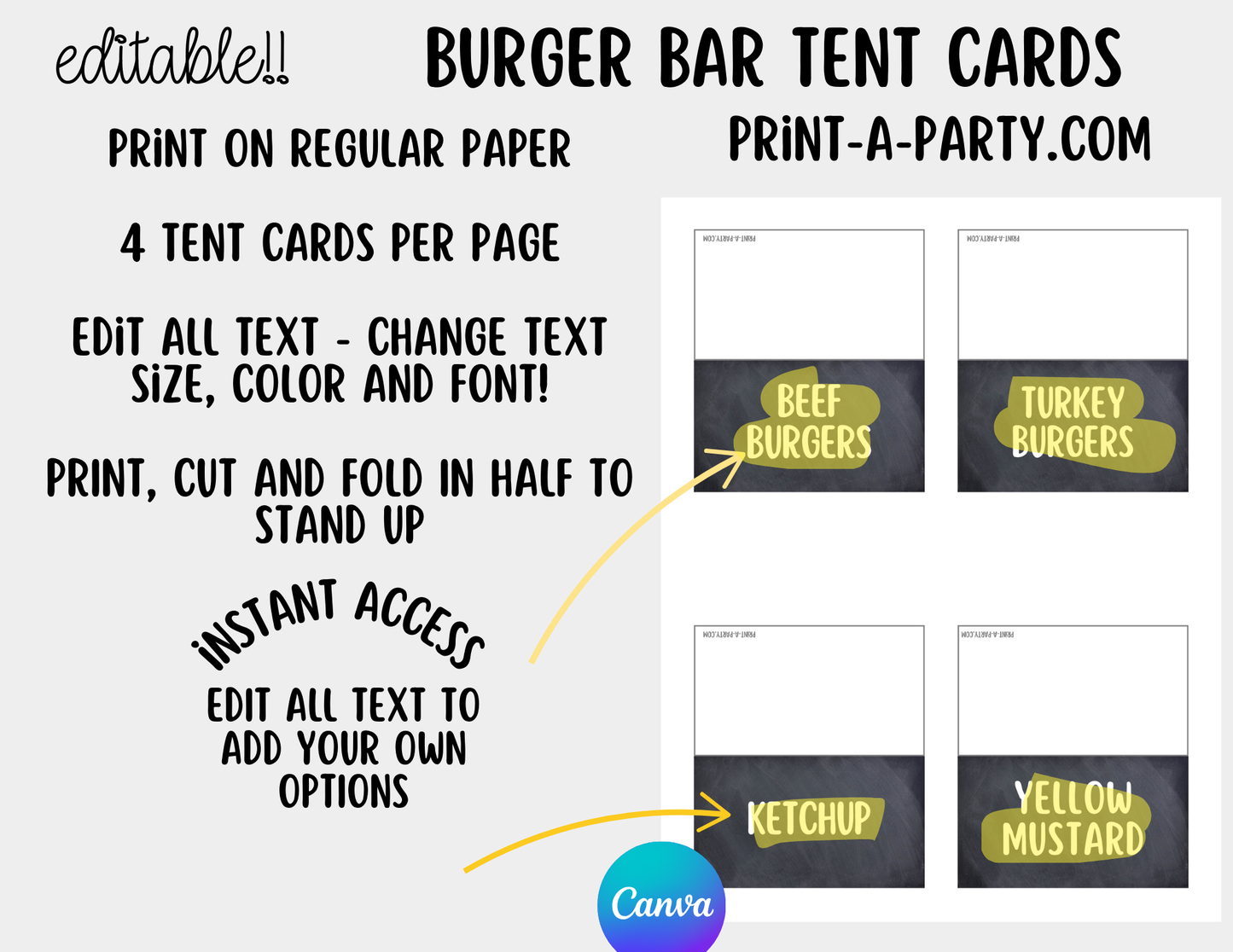 Editable Burger Bar Sign & Toppings Tent Cards – Printable Food Station for BBQs, Summer Parties, Birthdays & More