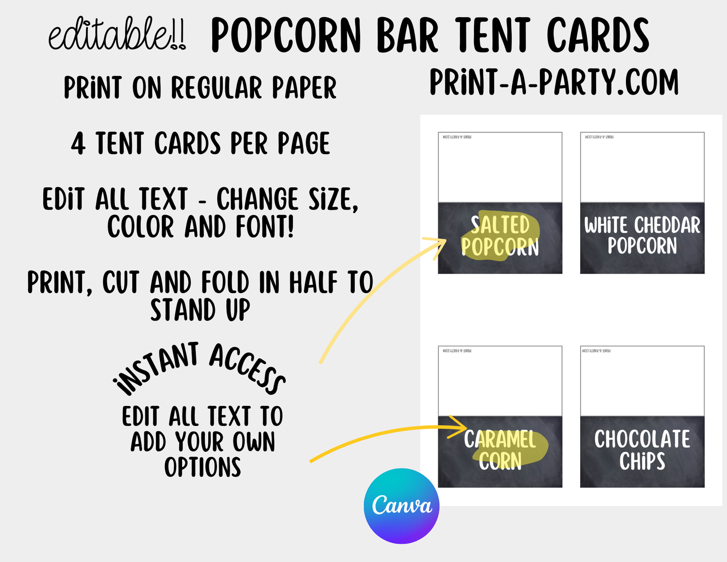 Editable Popcorn Bar - Sign and Topping Tent Cards Food Station - Perfect for Parties, Showers, Movie Party, Circus Party or Sleepover Slumber Parties