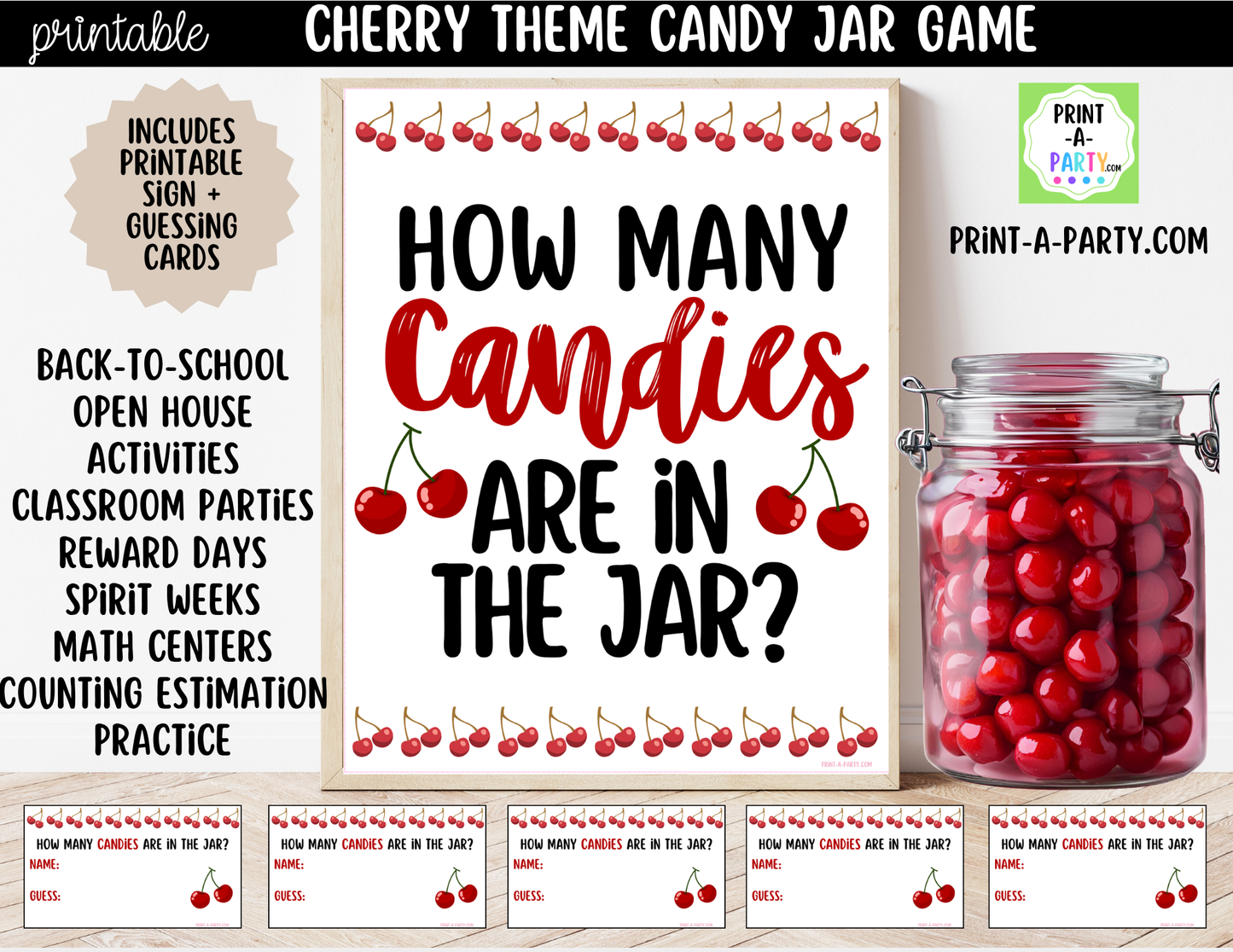 Cherry Theme Candy Jar Guessing Game Printable Sign (8x10) + Guessing Cards - Party Game Decor