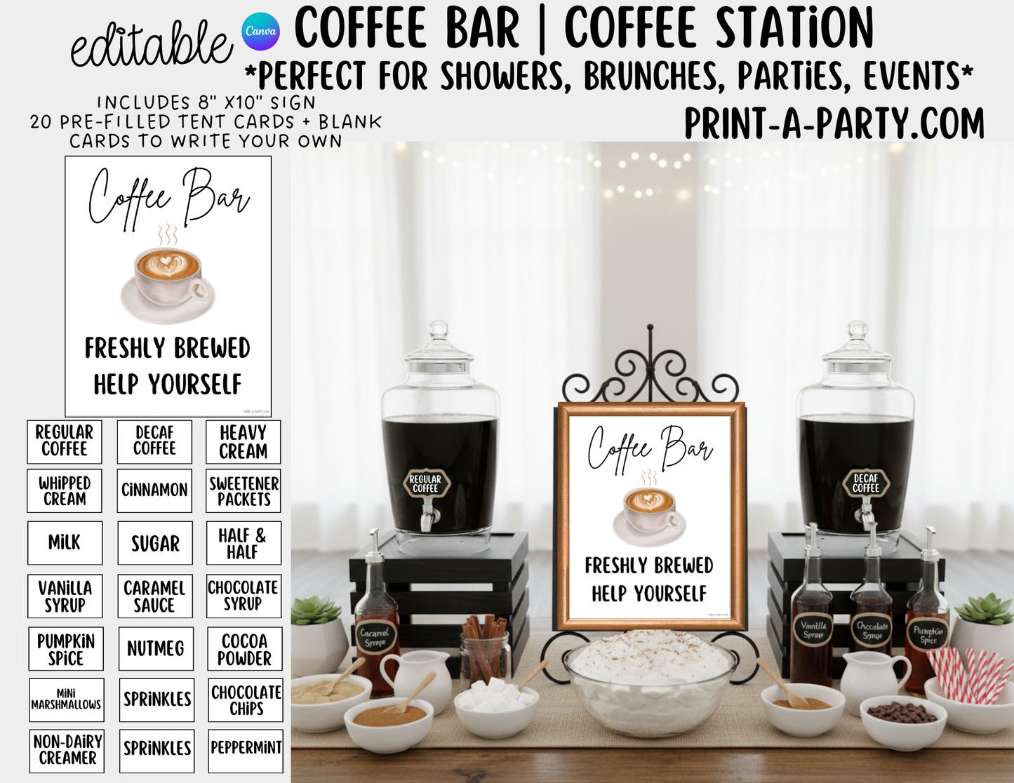Editable Coffee Bar - Sign and Toppings Tent Cards Printable Station for Parties, Showers, Birthdays, Holidays or the Office