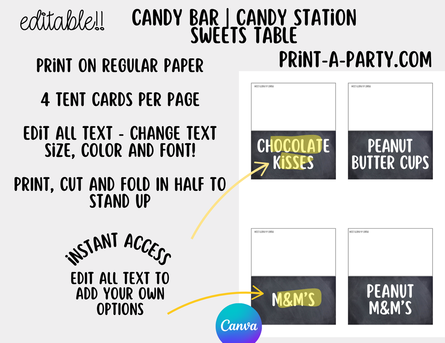 Editable Candy Bar Sign and Tent Cards Printable Sweet Table Decor for Parties, Weddings, Showers & More