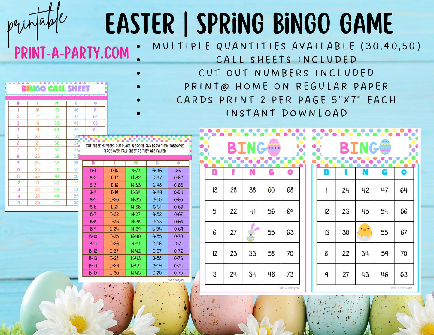 BINGO: Spring | Easter | Easter Bunny | Pastel Polka Dots | Parties | Birthday | Classroom | 30, 40, or 50 cards - INSTANT DOWNLOAD