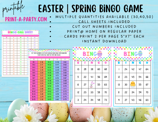 BINGO: Spring | Easter | Easter Bunny | Pastel Polka Dots | Parties | Birthday | Classroom | 30, 40, or 50 cards - INSTANT DOWNLOAD