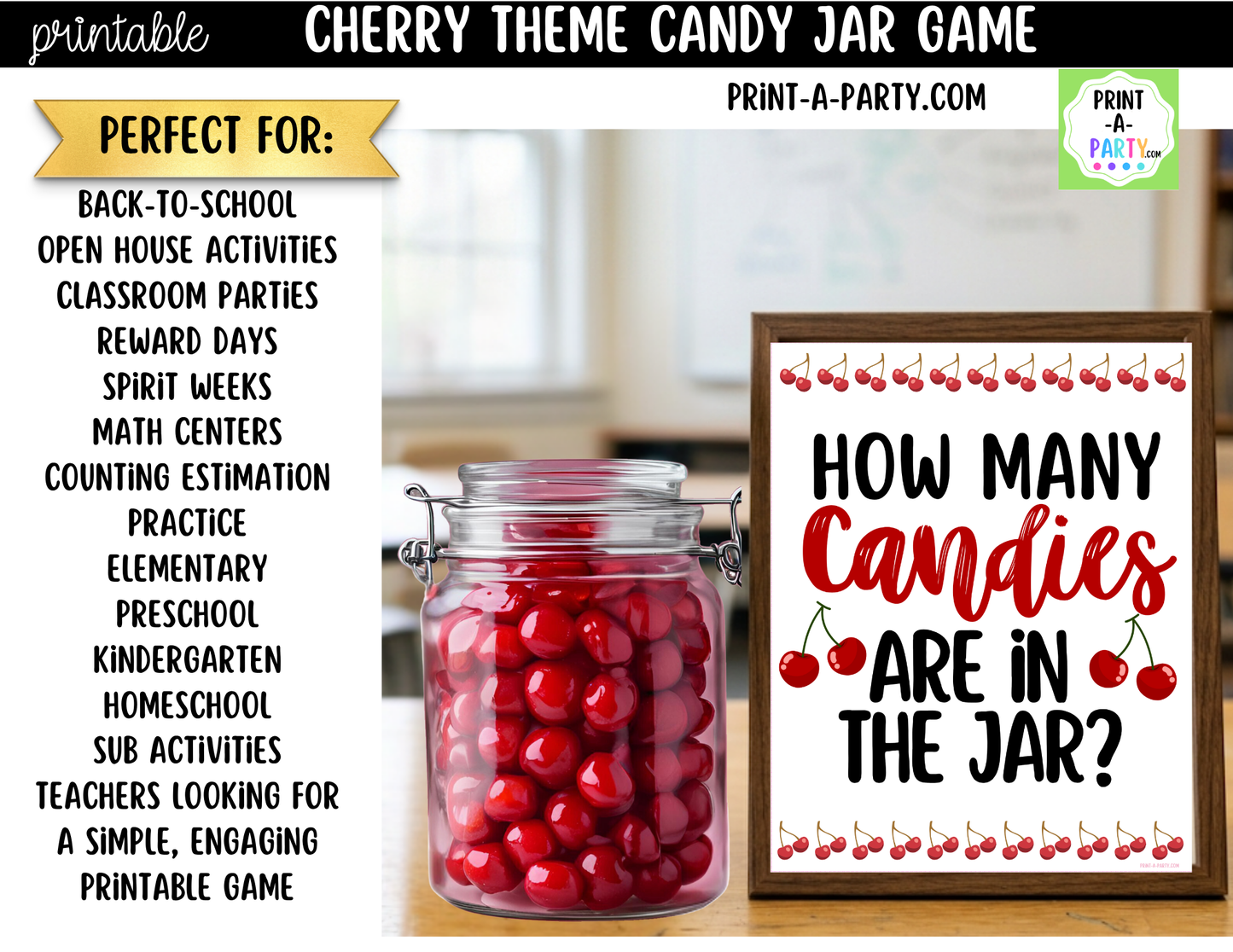 Cherry Theme Candy Jar Guessing Game Printable Sign (8x10) + Guessing Cards - Party Game Decor