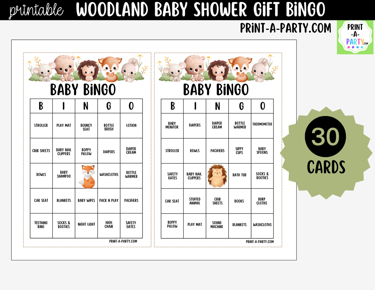 Woodland Baby Shower Gift Bingo Printable Pre-Filled
