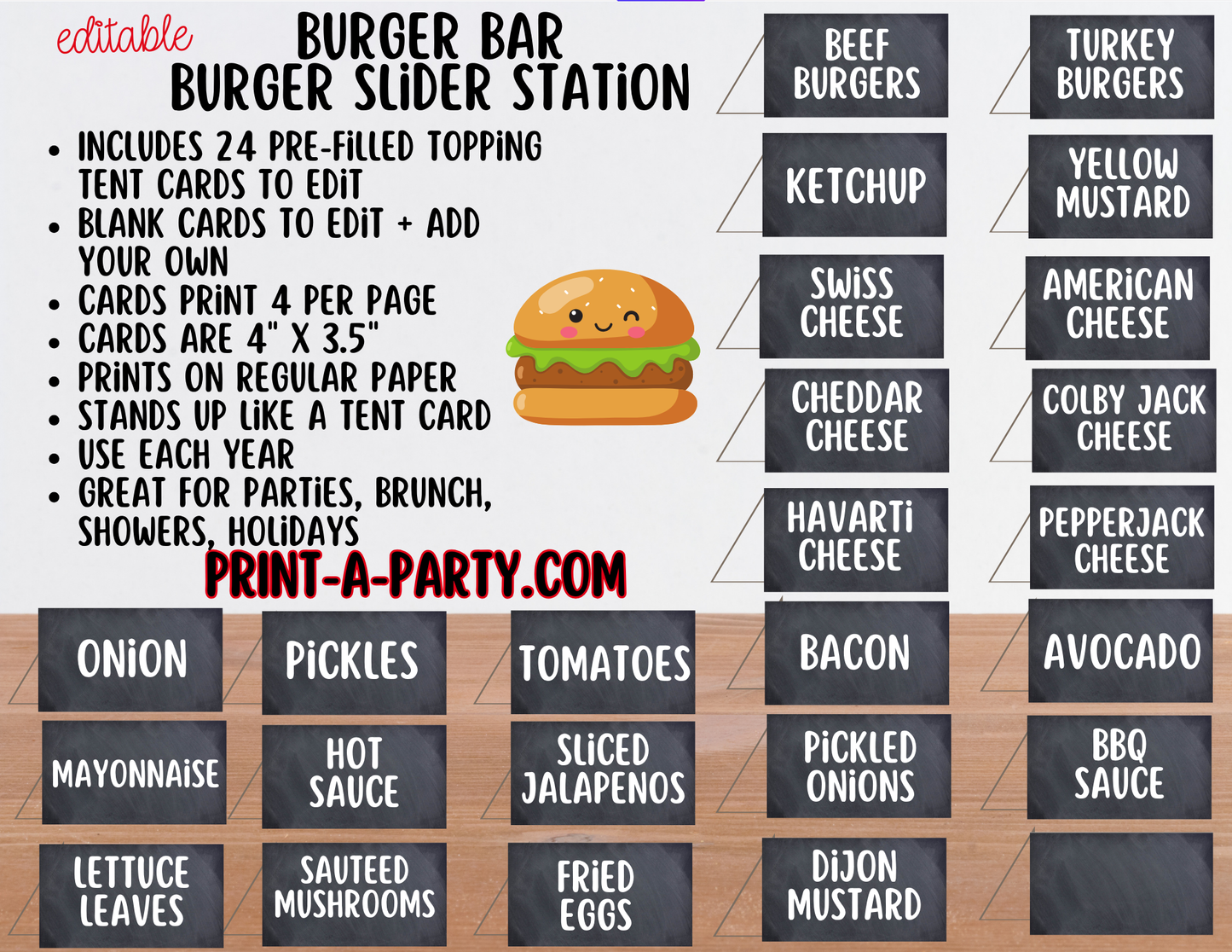 Editable Burger Bar Sign & Toppings Tent Cards – Printable Food Station for BBQs, Summer Parties, Birthdays & More