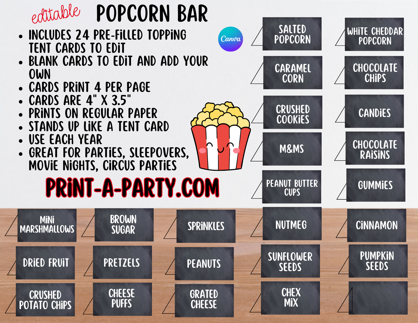 Editable Popcorn Bar - Sign and Topping Tent Cards Food Station - Perfect for Parties, Showers, Movie Party, Circus Party or Sleepover Slumber Parties