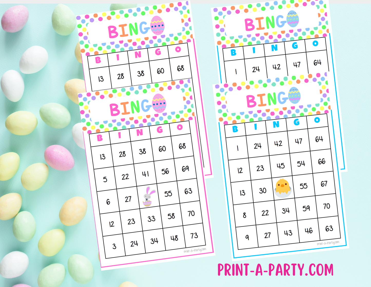 BINGO: Spring | Easter | Easter Bunny | Pastel Polka Dots | Parties | Birthday | Classroom | 30, 40, or 50 cards - INSTANT DOWNLOAD