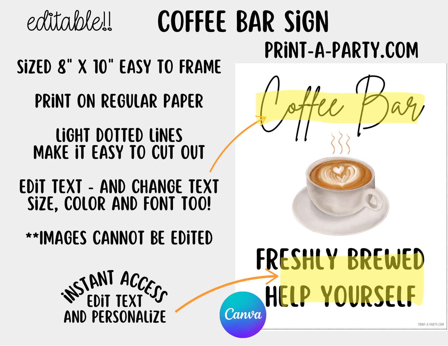 Editable Coffee Bar - Sign and Toppings Tent Cards Printable Station for Parties, Showers, Birthdays, Holidays or the Office