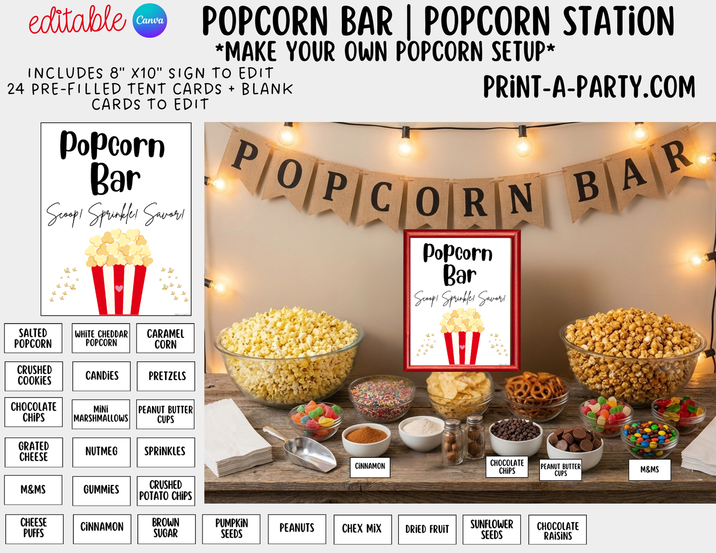 Editable Popcorn Bar - Sign and Topping Tent Cards Food Station - Perfect for Parties, Showers, Movie Party, Circus Party or Sleepover Slumber Parties