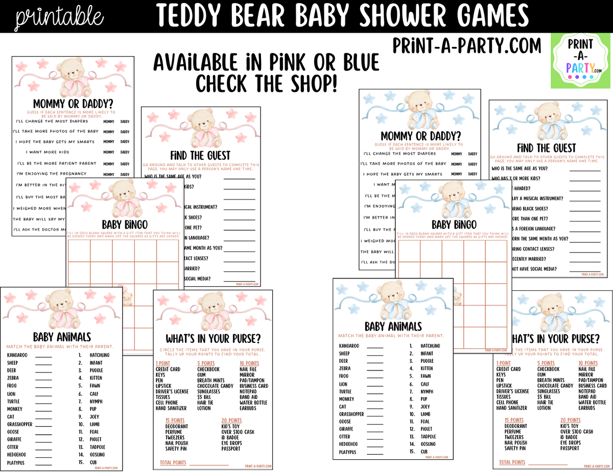 Teddy Bear Baby Shower Games Printable | Blue Teddy Bear Bundle