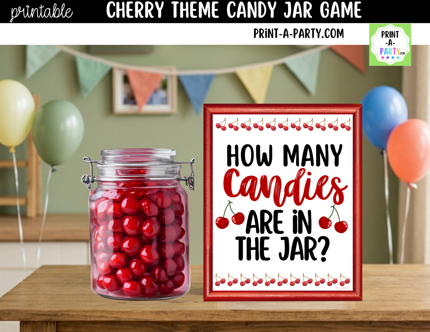Cherry Theme Candy Jar Guessing Game Printable Sign (8x10) + Guessing Cards - Party Game Decor