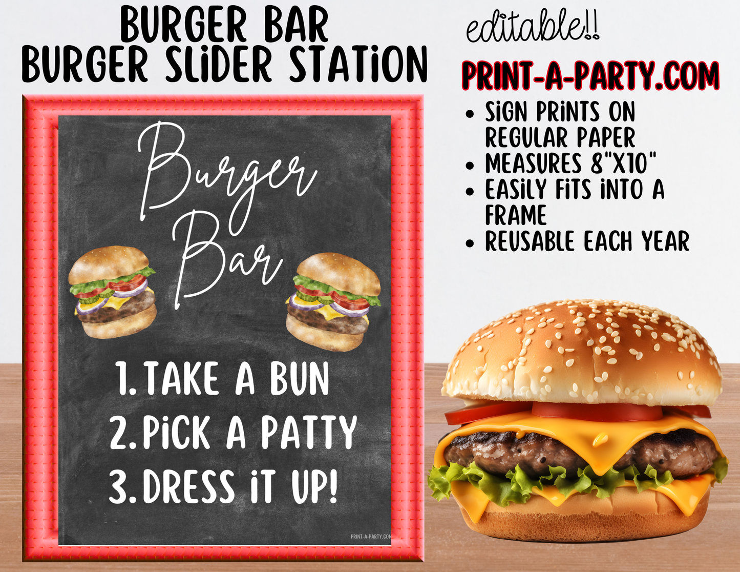 Editable Burger Bar Sign & Toppings Tent Cards – Printable Food Station for BBQs, Summer Parties, Birthdays & More