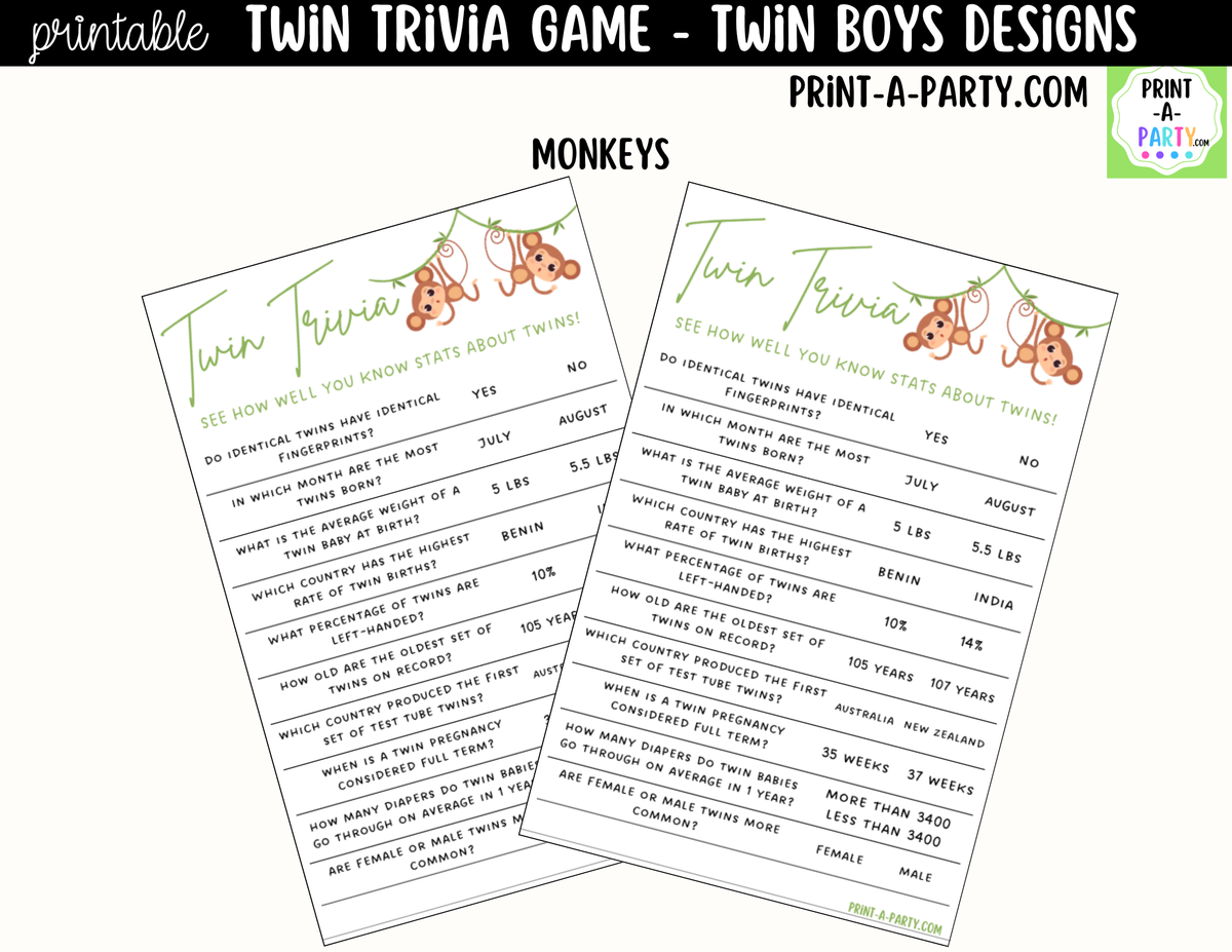 Twin Boys Baby Shower Trivia Game Printable