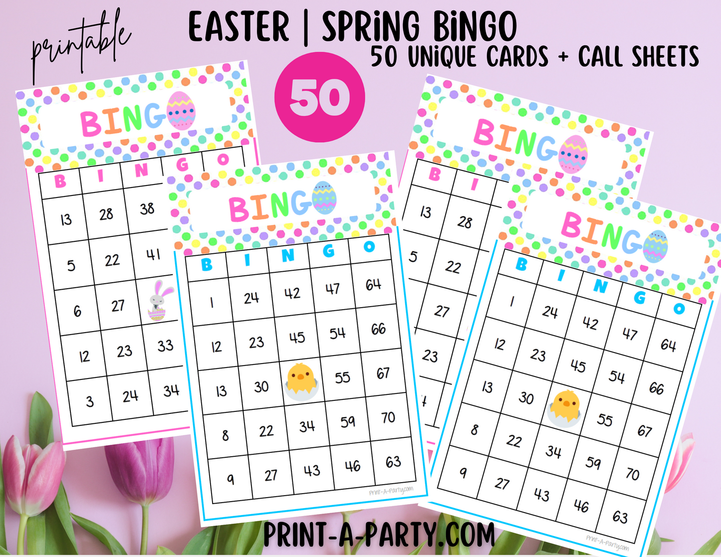 BINGO: Spring | Easter | Easter Bunny | Pastel Polka Dots | Parties | Birthday | Classroom | 30, 40, or 50 cards - INSTANT DOWNLOAD