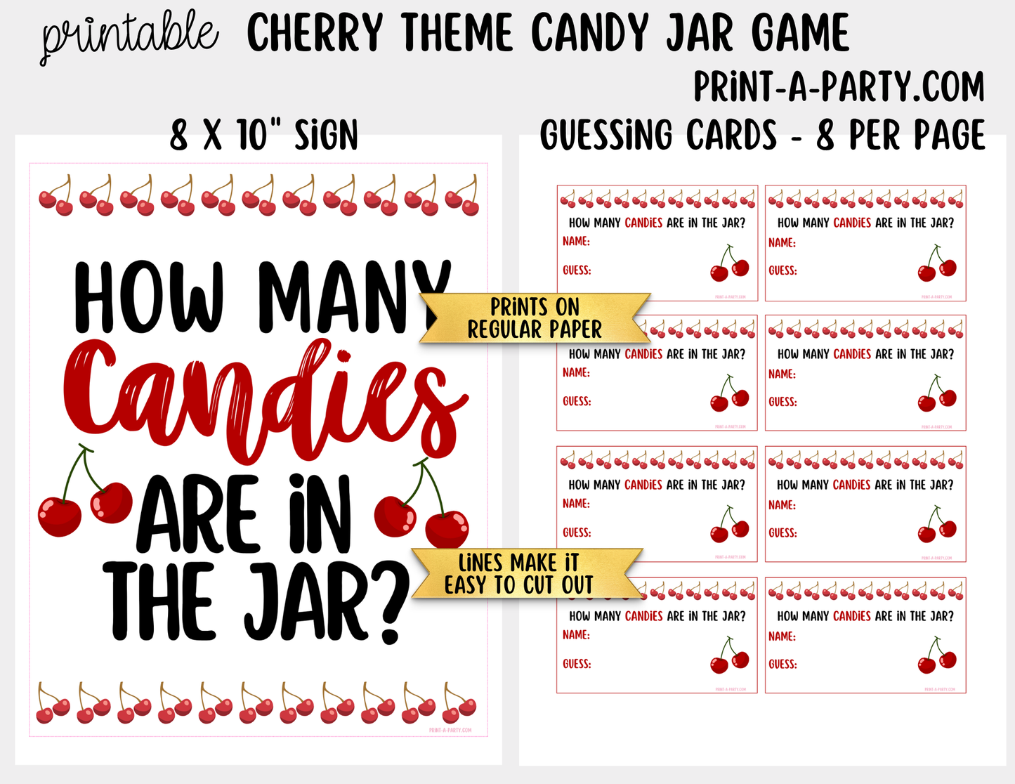 Cherry Theme Candy Jar Guessing Game Printable Sign (8x10) + Guessing Cards - Party Game Decor