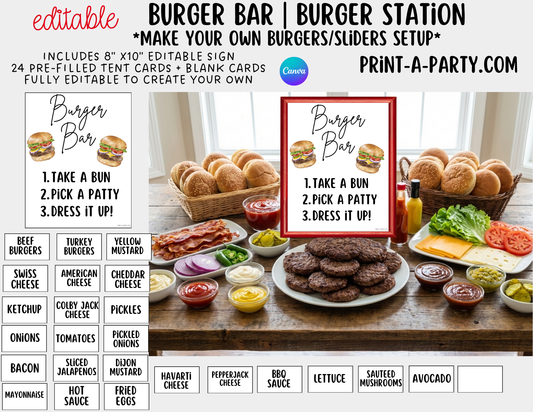 Editable Burger Bar Sign & Toppings Tent Cards – Printable Food Station for BBQs, Summer Parties, Birthdays & More